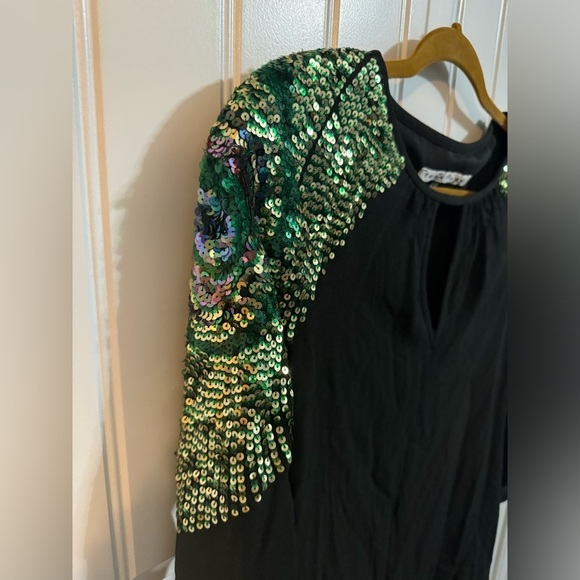 Trina Turk Peacock Sequin Sleeve Black Mini Dress - Picture 3 of 7